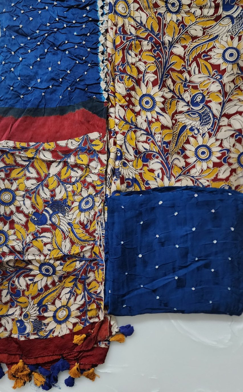 Teal Blue & Multicolor Kalamkari Bandhani Kurta Set in Modal Silk