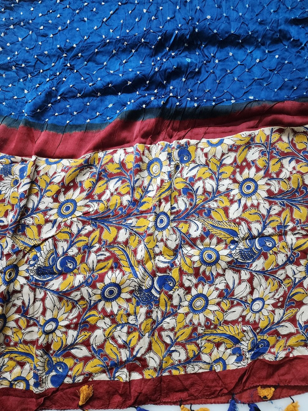 Teal Blue & Multicolor Kalamkari Bandhani Kurta Set in Modal Silk