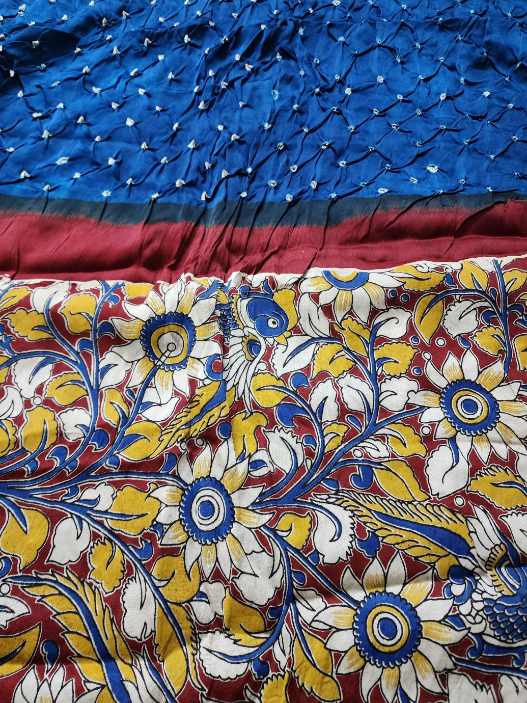 Teal Blue & Multicolor Kalamkari Bandhani Kurta Set in Modal Silk