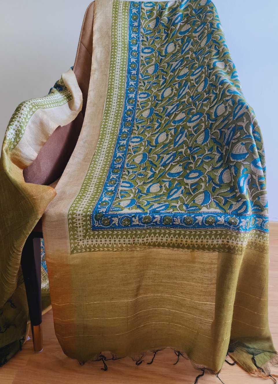 Green & Blue Floral Handblocked Printed Pure Silk Dupatta