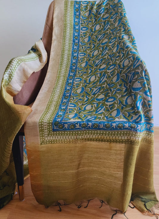 Green & Blue Floral Handblocked Printed Pure Silk Dupatta