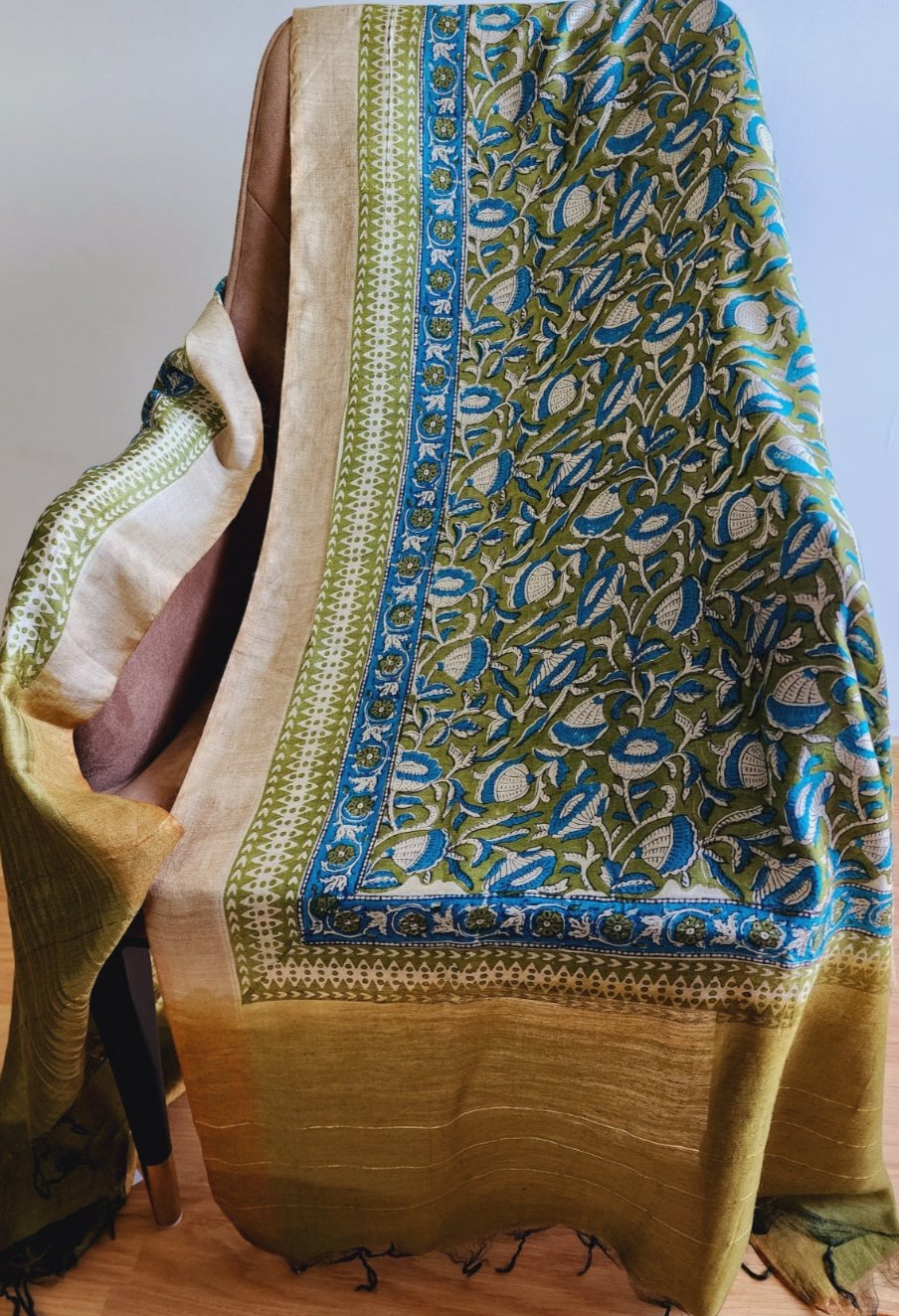 Green & Blue Floral Handblocked Printed Pure Silk Dupatta