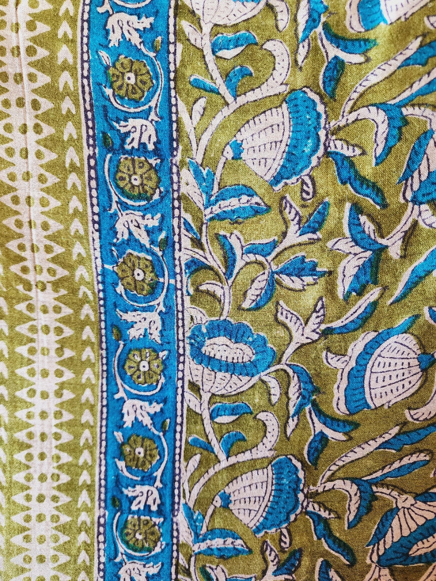 Green & Blue Floral Handblocked Printed Pure Silk Dupatta