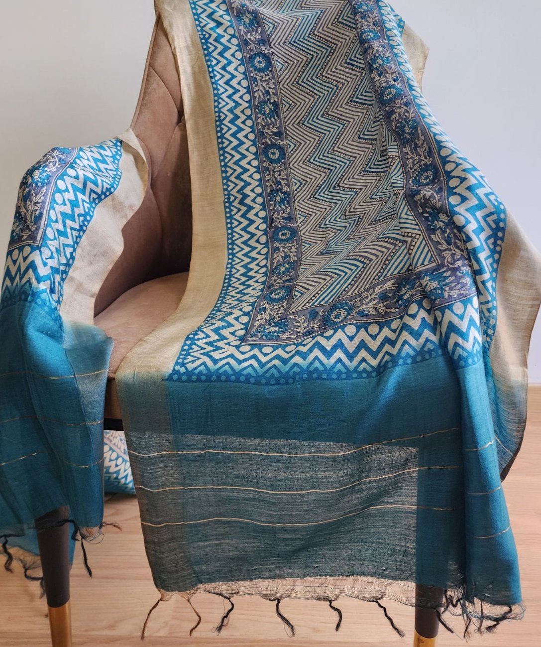 Teal Blue & White Zigzag Handblocked Printed Pure Silk Dupatta