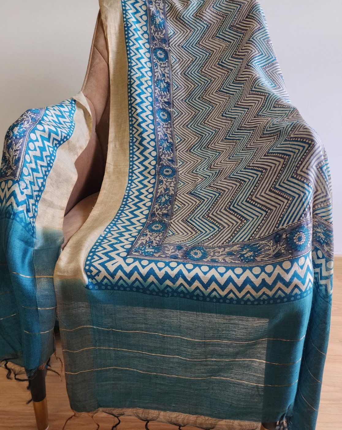 Teal Blue & White Zigzag Handblocked Printed Pure Silk Dupatta