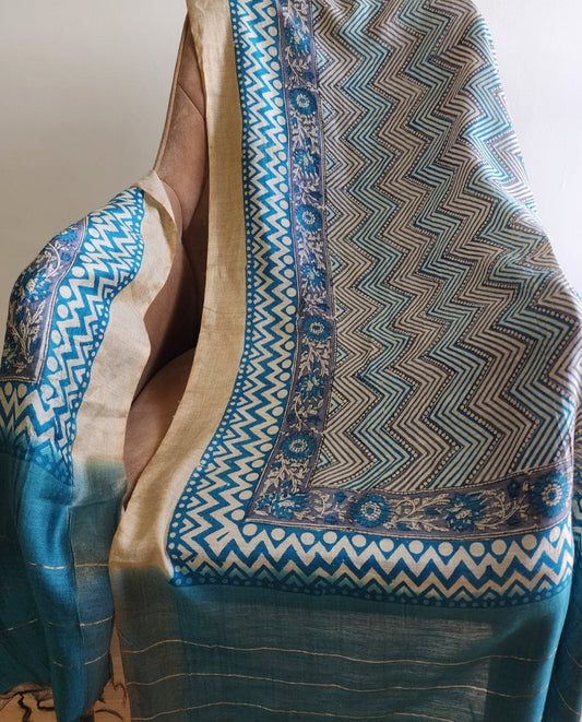 Teal Blue & White Zigzag Handblocked Printed Pure Silk Dupatta