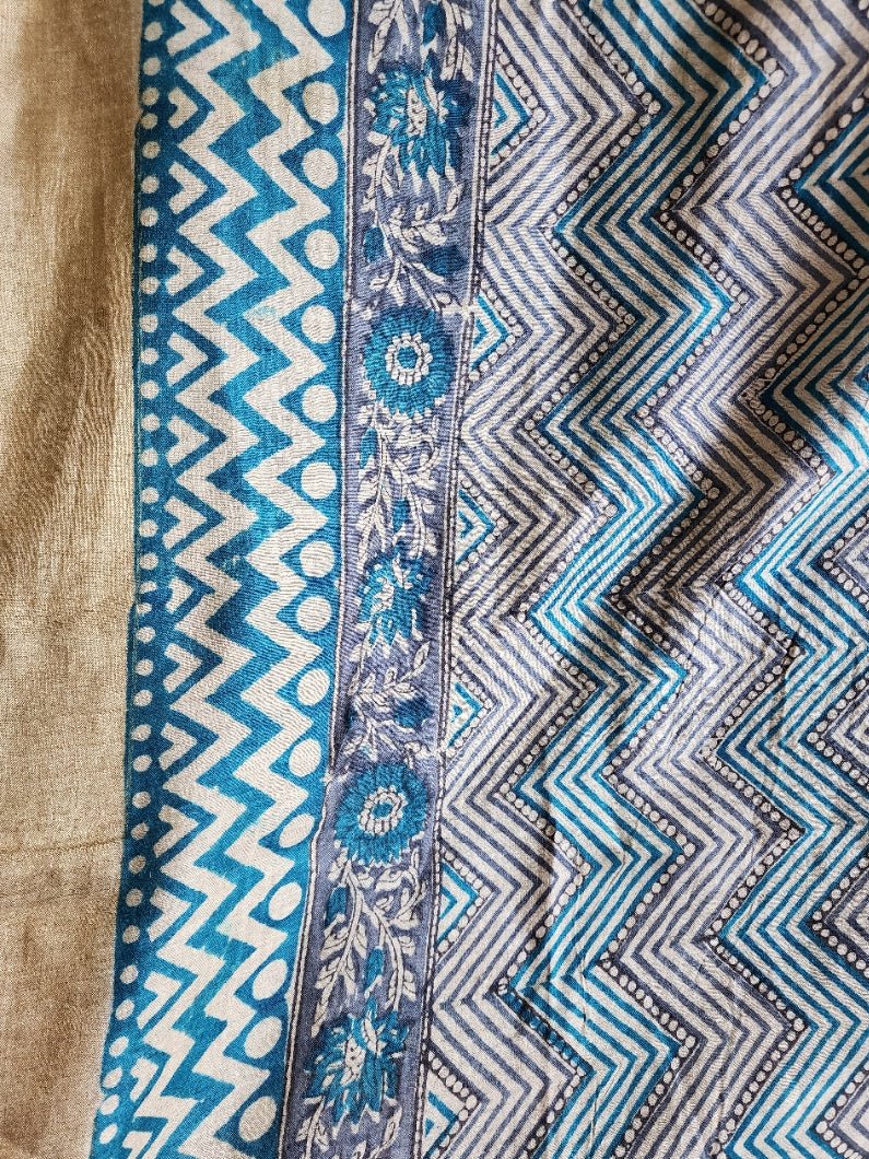 Teal Blue & White Zigzag Handblocked Printed Pure Silk Dupatta