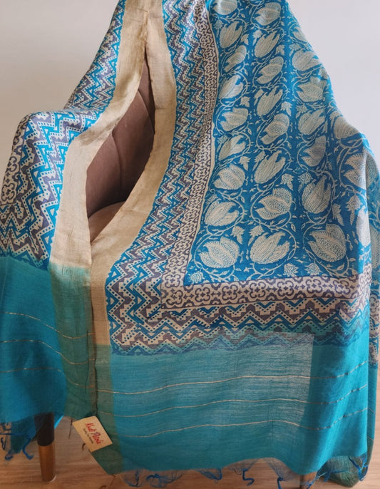 Teal Blue & White Handblocked Printed Pure Silk Dupatta