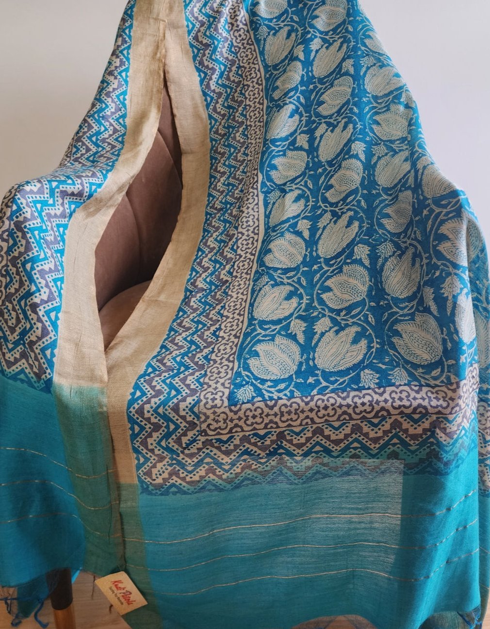 Teal Blue & White Handblocked Printed Pure Silk Dupatta
