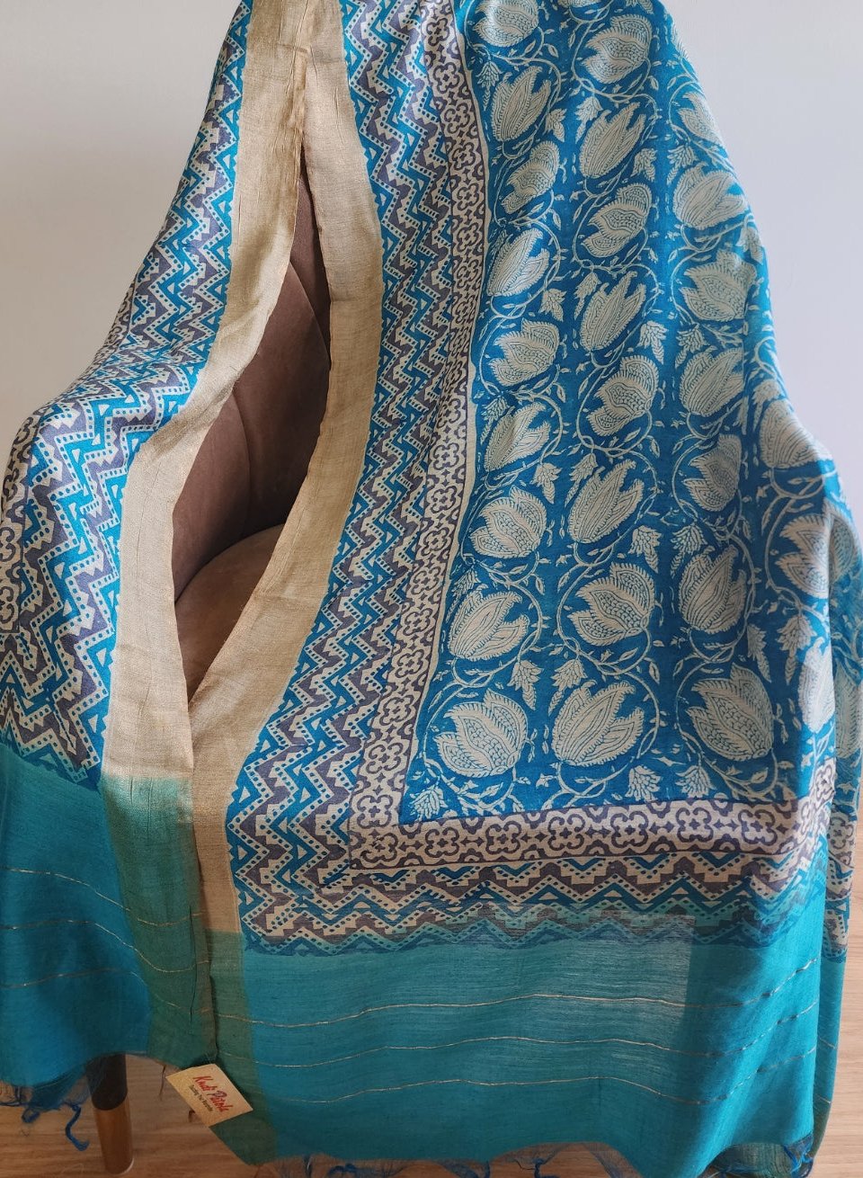 Teal Blue & White Handblocked Printed Pure Silk Dupatta
