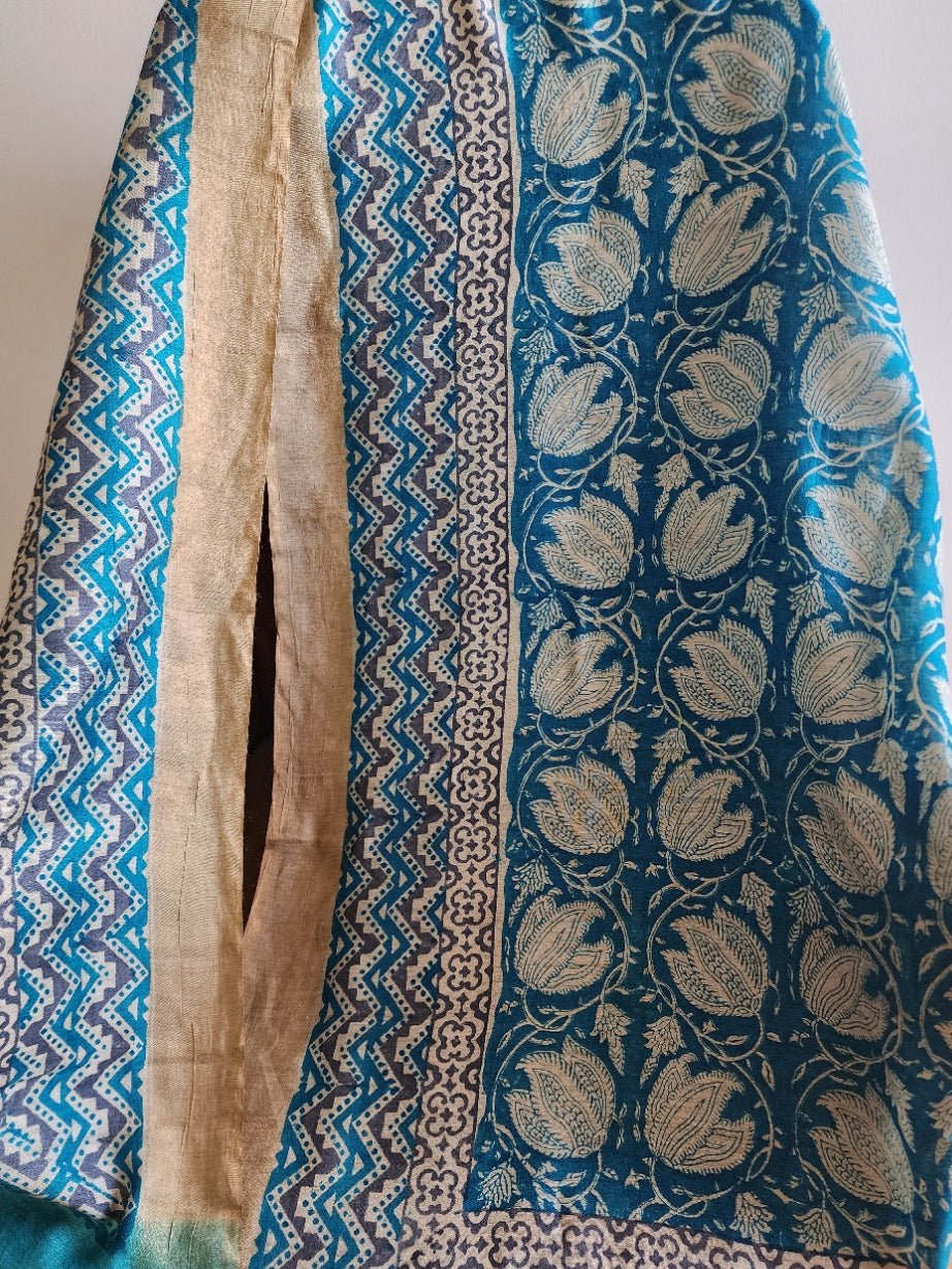 Teal Blue & White Handblocked Printed Pure Silk Dupatta
