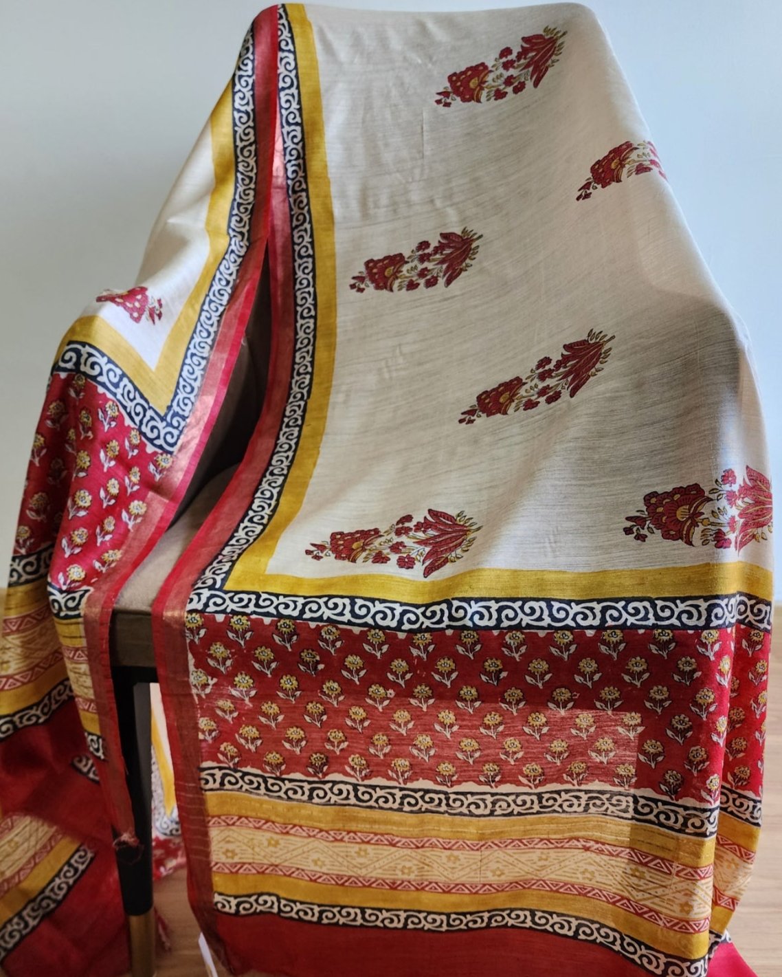Offwhite & Red Handblocked Printed Pure Silk Dupatta