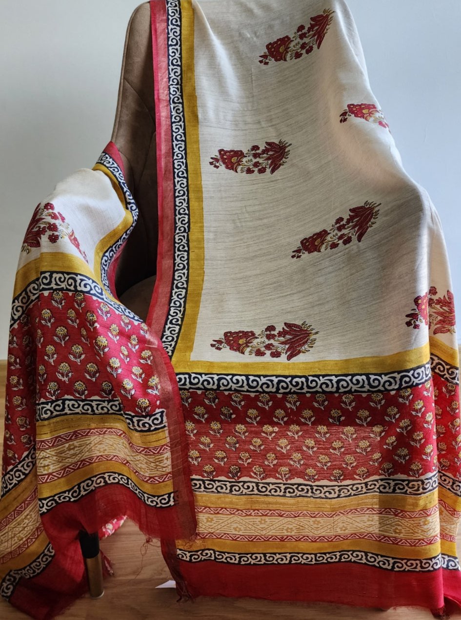 Offwhite & Red Handblocked Printed Pure Silk Dupatta