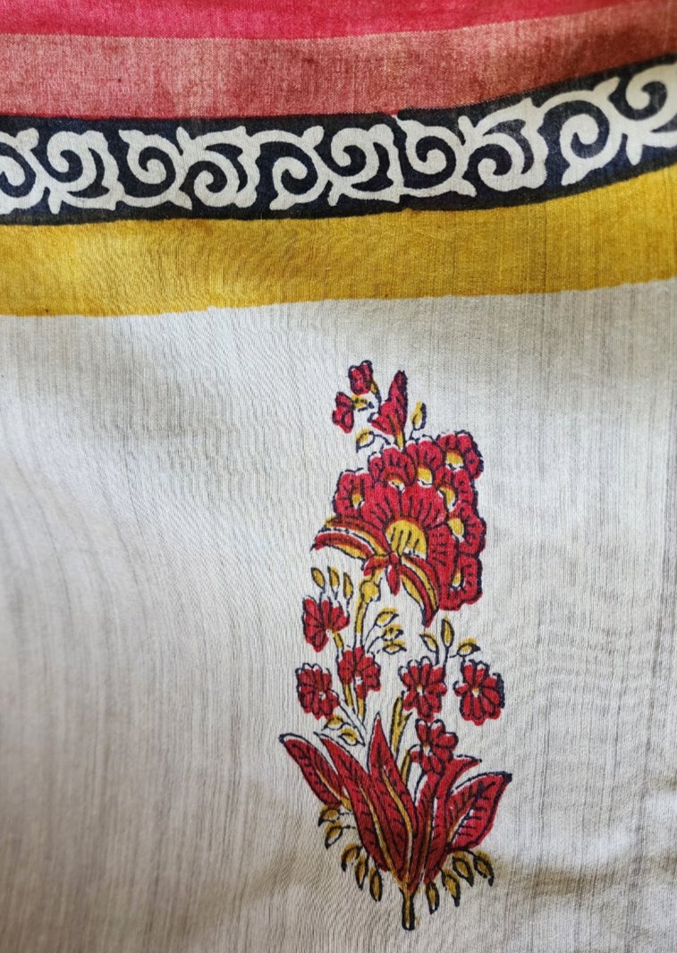 Offwhite & Red Handblocked Printed Pure Silk Dupatta