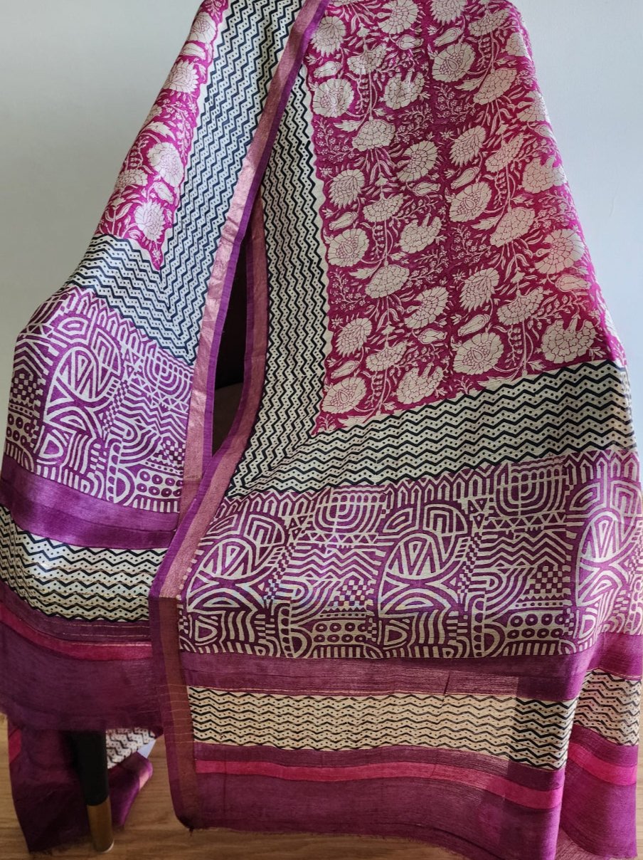 Purple Handblocked Printed Pure Silk Dupatta