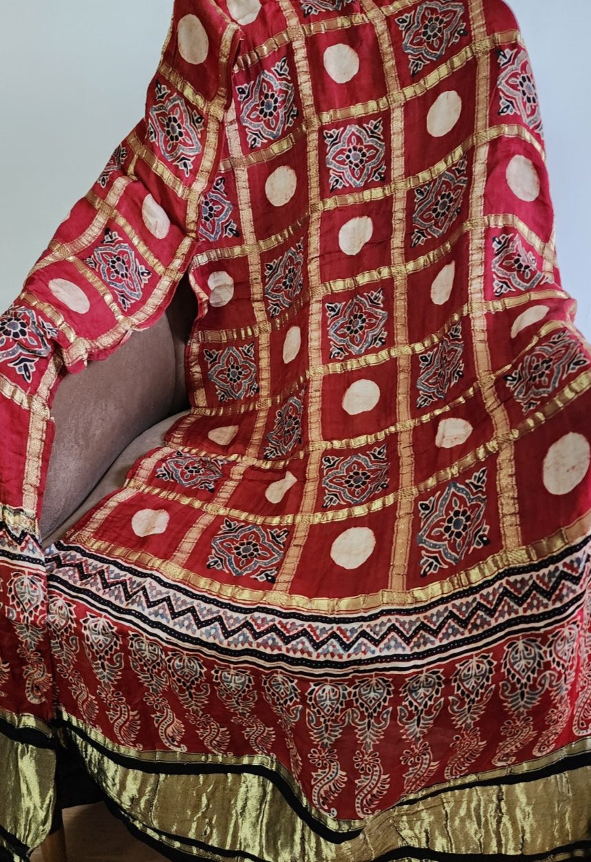 Maroon Gharchola & Ajrak Fusion Dupatta In Gaji Silk
