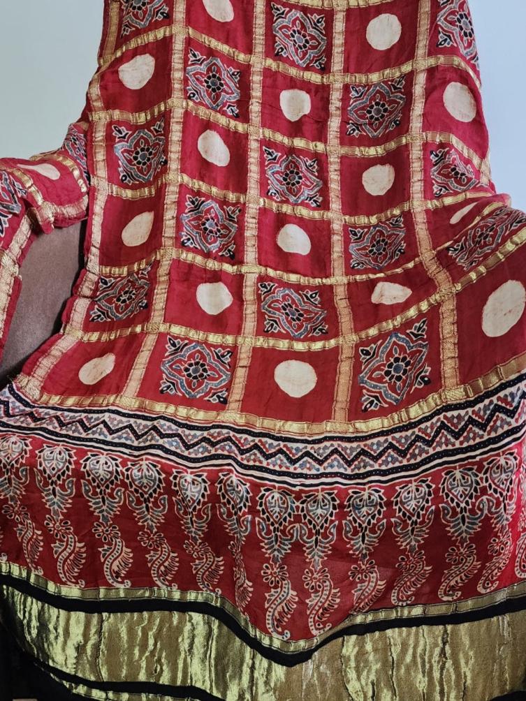 Maroon Gharchola & Ajrak Fusion Dupatta In Gaji Silk