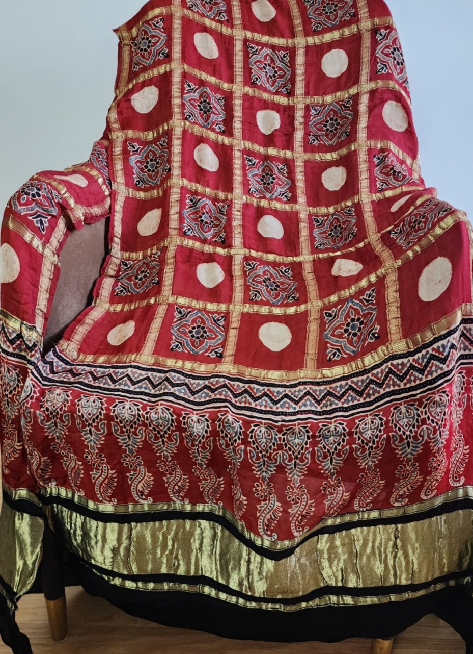 Maroon Gharchola & Ajrak Fusion Dupatta In Gaji Silk