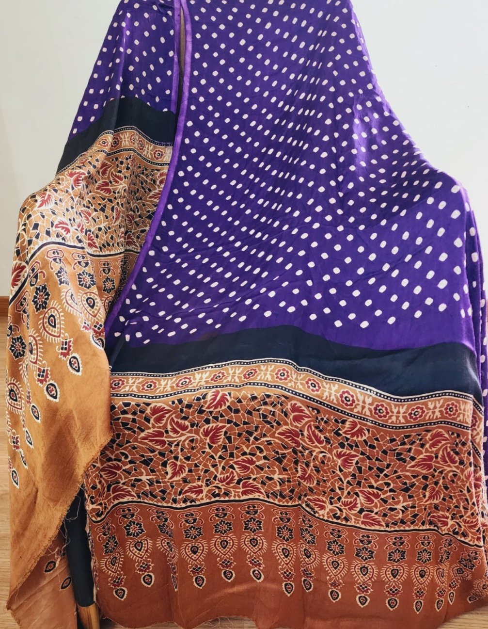 Purple & Golden Beige Dual Shade Fusion Bandhani & Ajrak Dupatta in Modal Silk