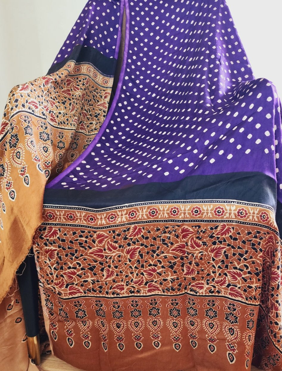 Purple & Golden Beige Dual Shade Fusion Bandhani & Ajrak Dupatta in Modal Silk