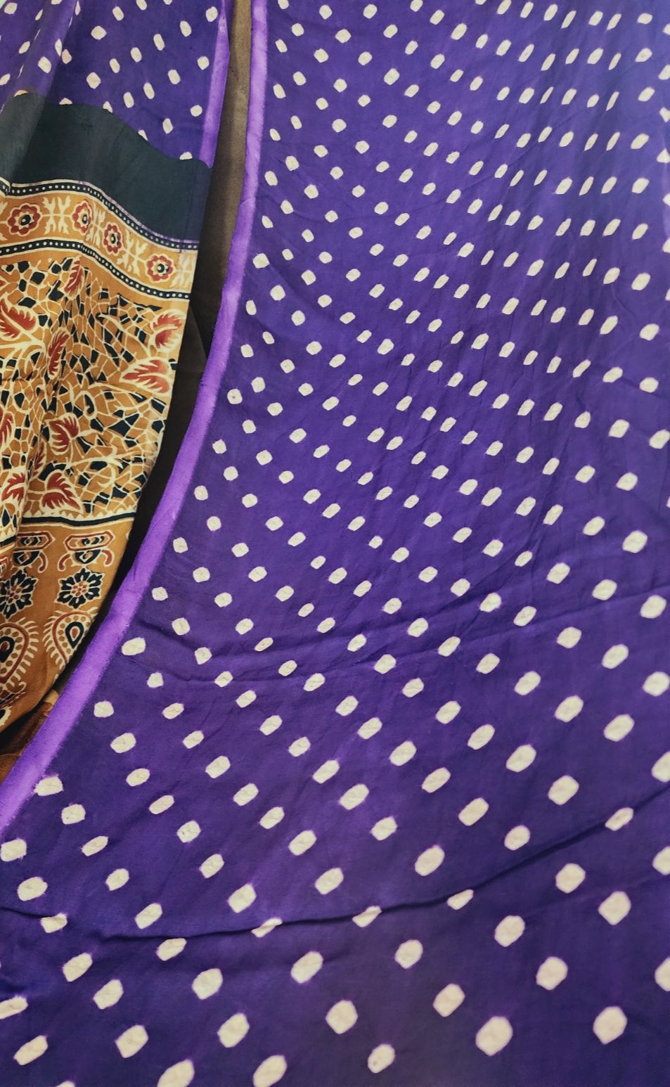 Purple & Golden Beige Dual Shade Fusion Bandhani & Ajrak Dupatta in Modal Silk