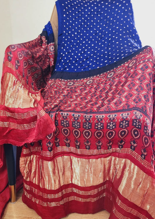 Indigo Blue & Rust Dual Shade Fusion Bandhani & Ajrak Dupatta in Modal Silk Dupatta