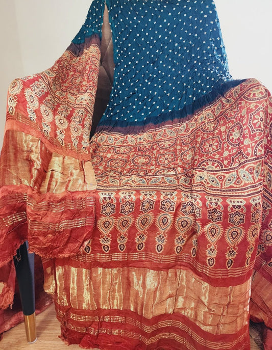 Green & Rust Dual Shade Fusion Bandhani & Ajrak Dupatta in Modal Silk Dupatta