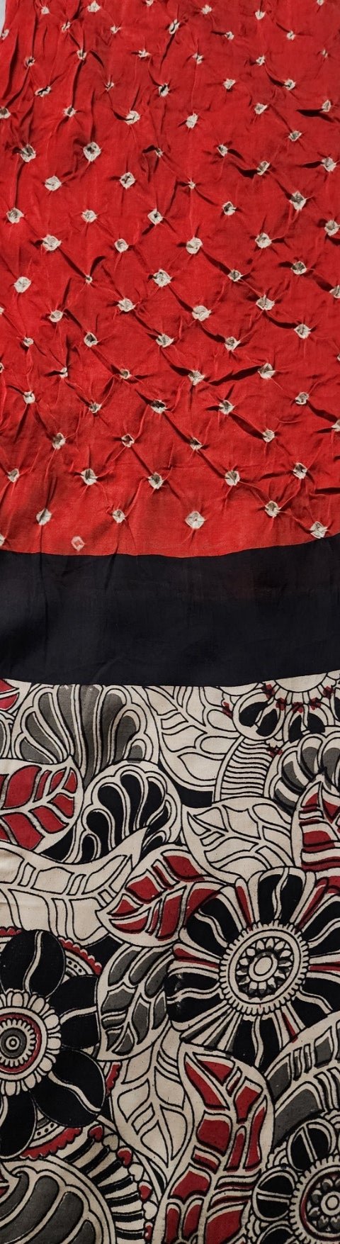 Red & Multicolor Kalamkari Bandhani Kurta Set in Modal Silk