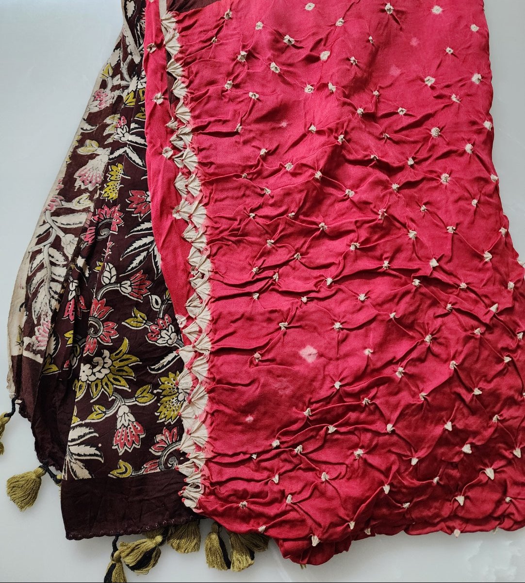 Pink & Multicolor Ajrak Bandhani Kurta Set in Modal Silk