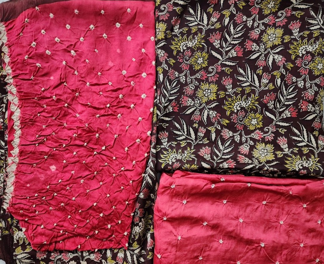 Pink & Multicolor Ajrak Bandhani Kurta Set in Modal Silk