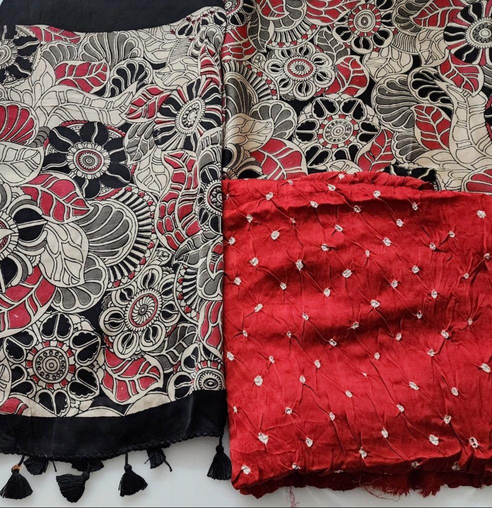 Red & Multicolor Kalamkari Bandhani Kurta Set in Modal Silk