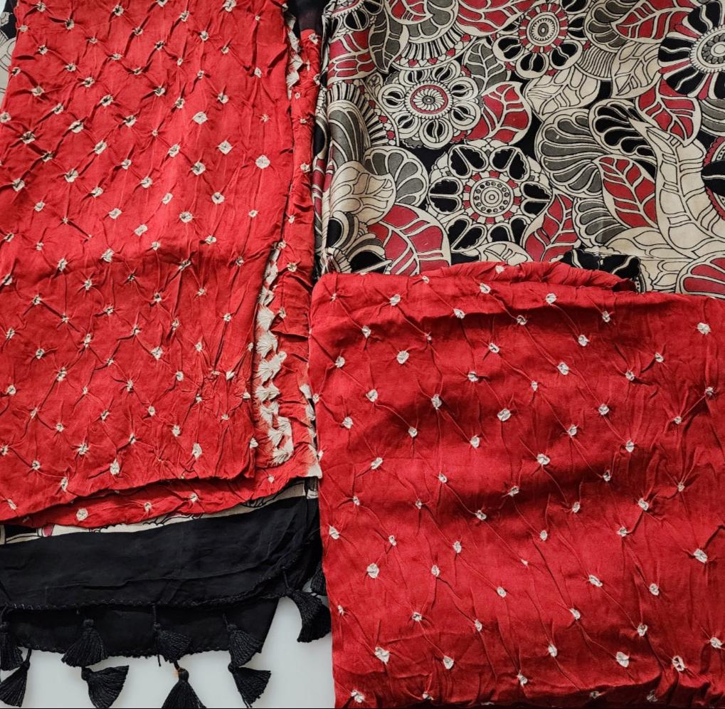 Red & Multicolor Kalamkari Bandhani Kurta Set in Modal Silk