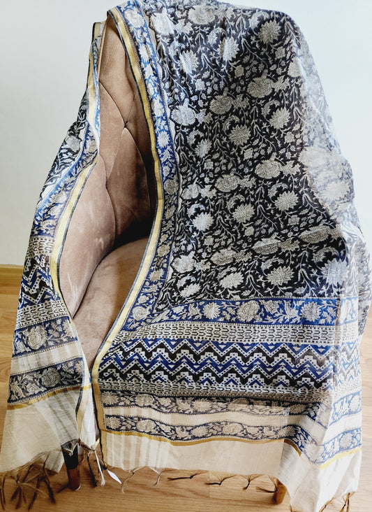 Black & White Handblocked Dupatta In Chanderi Cotton