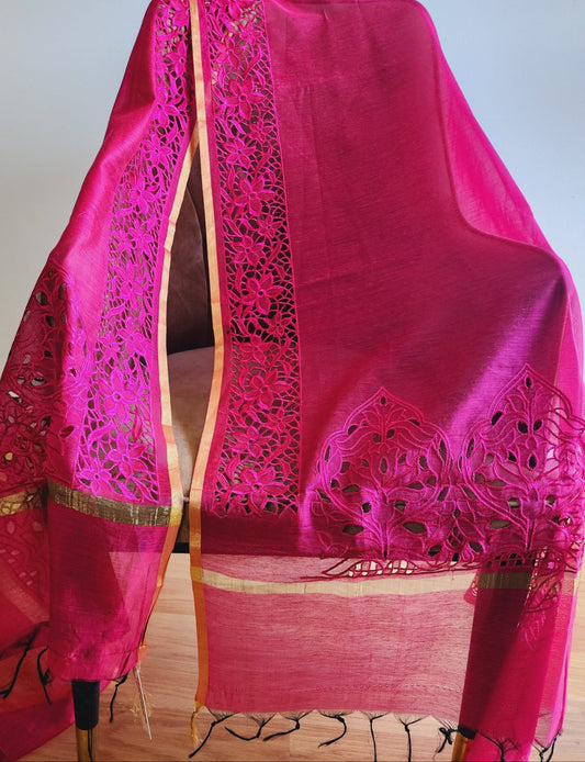 Fuschia Cutwork Chanderi Dupatta
