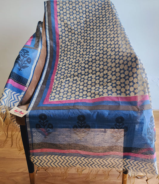 Beige & Blue Handblocked Dupatta In Chanderi Cotton
