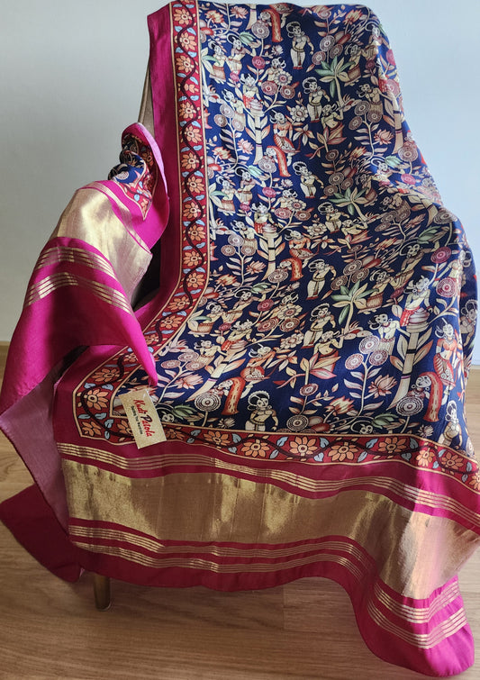 Blue Pichwai Print Dupatta With Dark Pink Zari Border In Modal