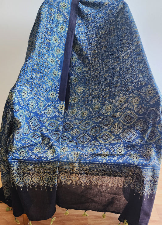 Teal Blue Ajrakh Dupatta In Mul Cotton