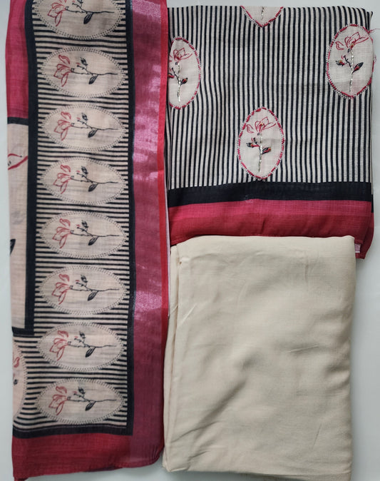 Beige Pink Striped Linen Kurta Set With Digital Printing & Subtle Embroidery
