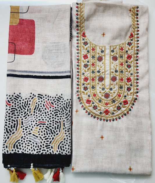 Beige Digital Printed Linen Kurta Set With Yoke Embroidery