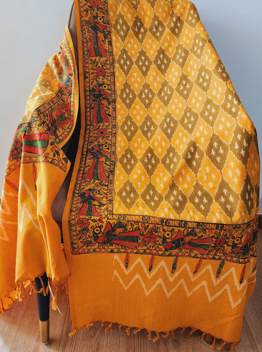 Yellow Ikat & Madhubani Fusion Cotton Dupatta