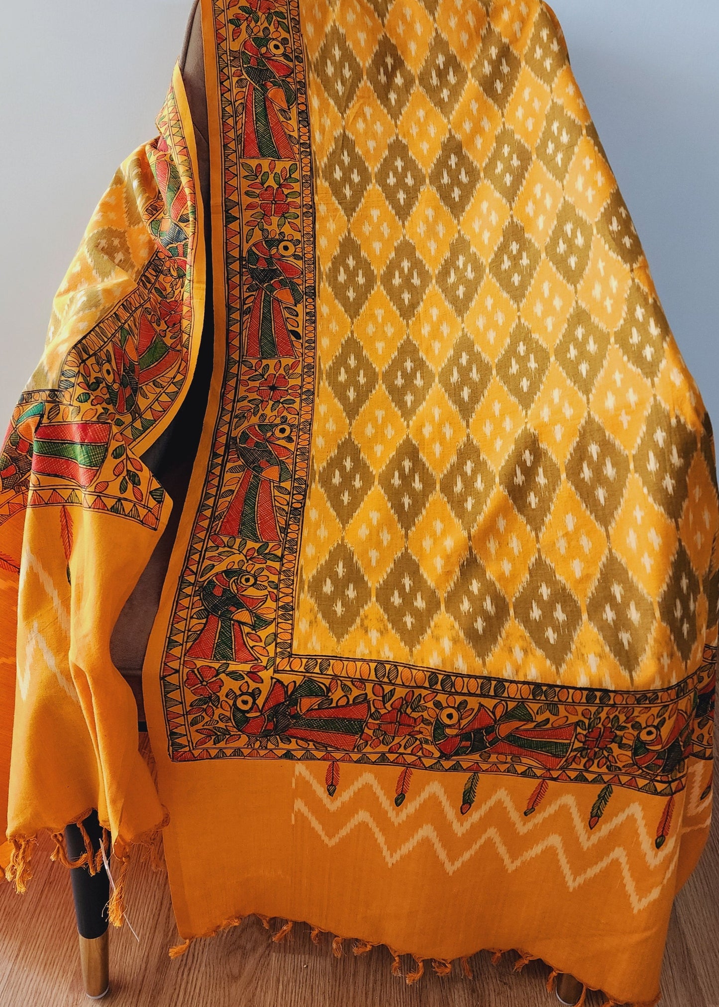 Yellow Ikat & Madhubani Fusion Cotton Dupatta