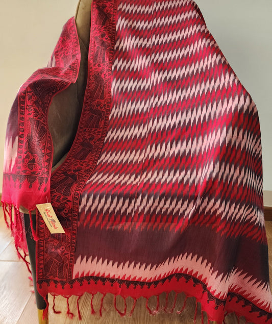 Red Ikat & Madhubani Fusion Cotton Dupatta