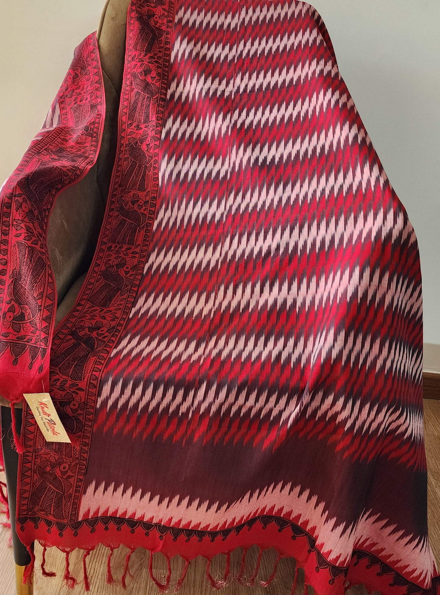 Red Ikat & Madhubani Fusion Cotton Dupatta