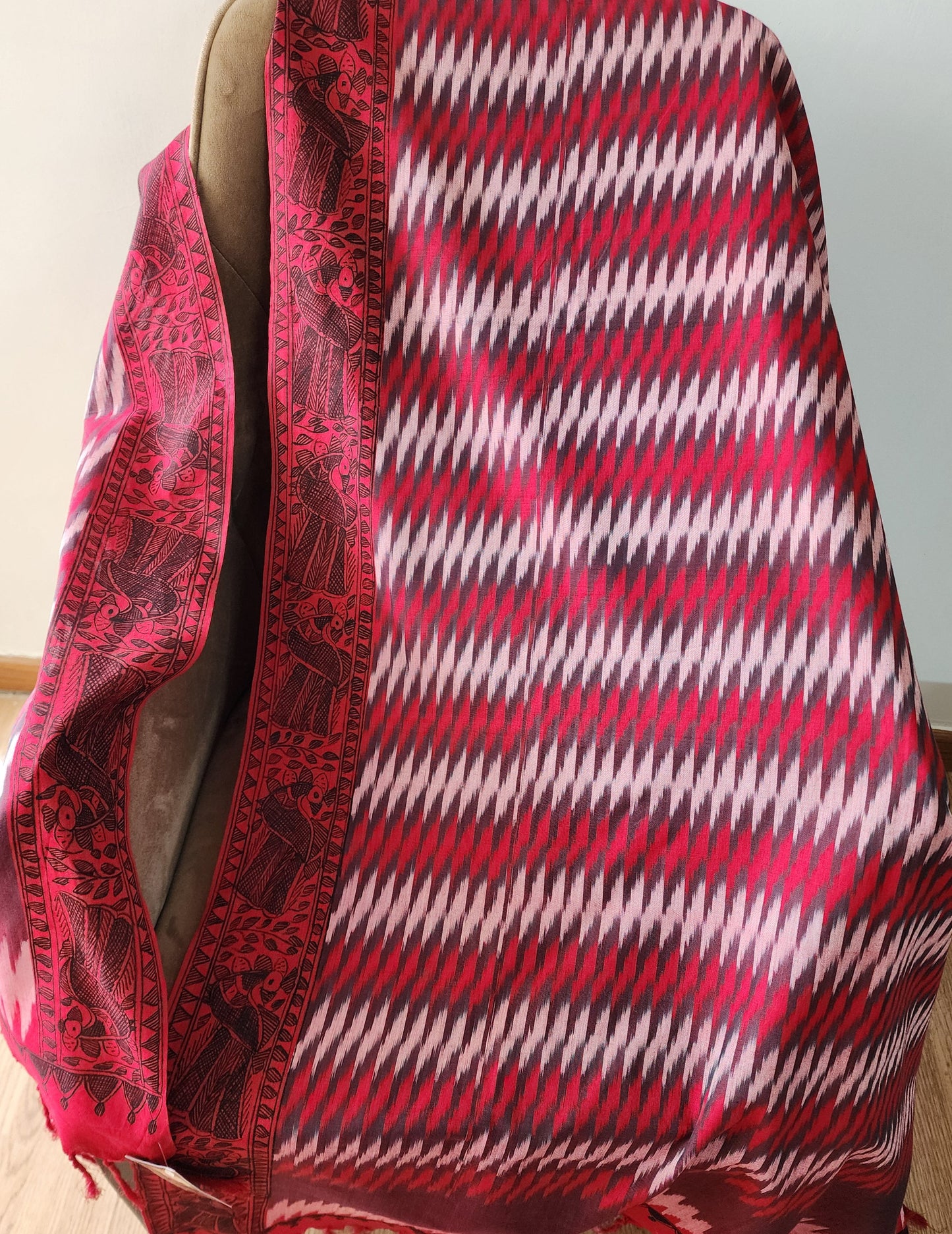 Red Ikat & Madhubani Fusion Cotton Dupatta