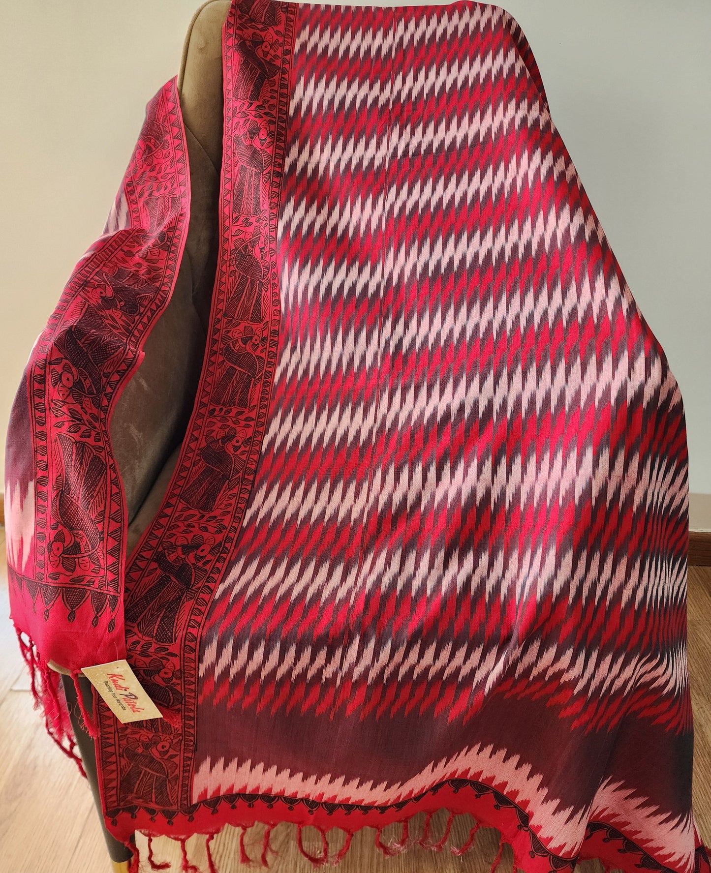 Red Ikat & Madhubani Fusion Cotton Dupatta