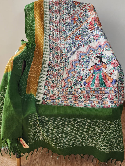 Beige Ikat & Madhubani Fusion Cotton Dupatta With Green Border