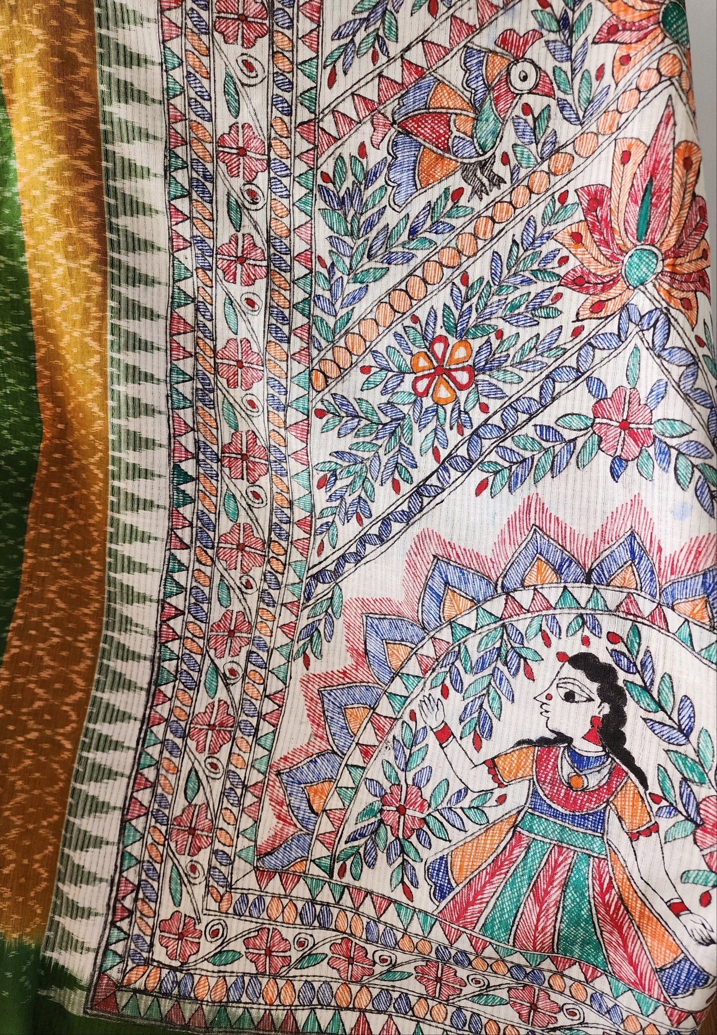 Beige Ikat & Madhubani Fusion Cotton Dupatta With Green Border