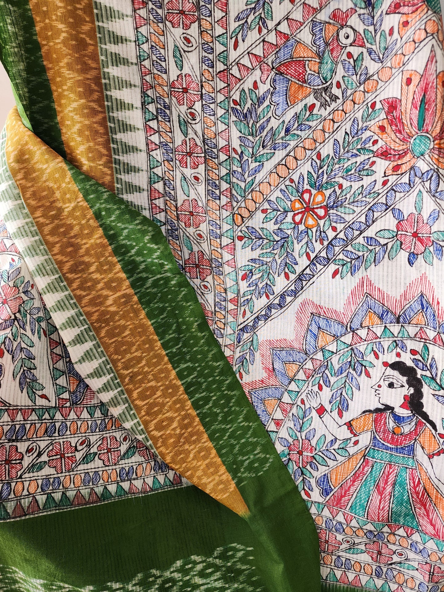Beige Ikat & Madhubani Fusion Cotton Dupatta With Green Border