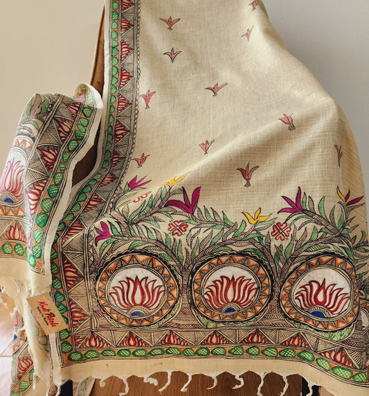 Beige Madhubani Handpainted Dupatta
