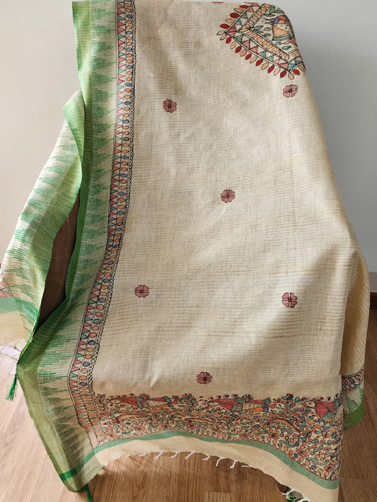 Beige & Green Madhubani Handpainted Dupatta